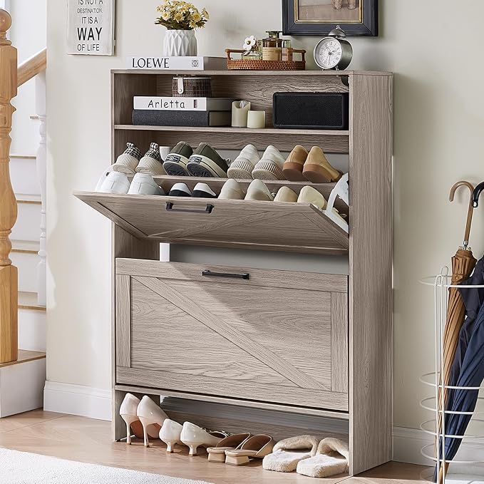 Shoe Storage Cabinet with 2 Flip Drawers,Farmhouse Narrow Shoe Organizer with Legs,Freestanding Hidden Slim Shoe Rack Cabinet with Open Storage for Entryway,Hallway, Foyer, Grey-NeatNest