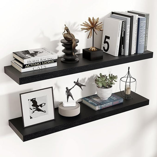 Floating Shelves for Wall, 36"W x 7.8"D x 1.5"H, 2 Pack of Long Wall Mounted Engineered Wood Shelves with Invisible Brackets for Living Room, Bedroom, Bathroom, Kitchen Decor and Storage, Black-NeatNest