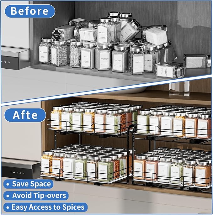 2-Tier Pull Out Spice Rack, Spice Rack Organizer, Pull Out Spice Racks for Inside Cabinets, Height Adjustable Heavy Duty Metal Basket for Inside Cabinet & Pantry (13.5''Wx10.5''Dx9.5''H)-NeatNest