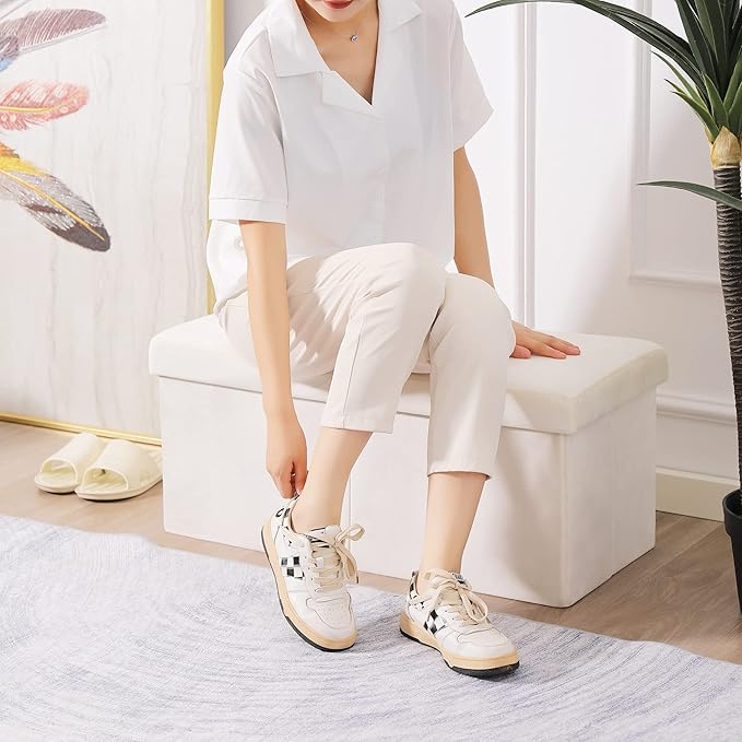 CUYOCA Storage Ottoman Bench Foldable Seat Footrest Shoe Bench End of Bed Storage with Flipping Lid, 75L Storage Space, 30 inches Velvet Cream-NeatNest