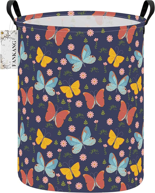 FANKANG Storage Basket, Nursery Hamper Canvas Laundry Basket Foldable with Waterproof PE Coating Large Storage Baskets for Kids Boys and Girls, Office, Bedroom, Clothes,Toys(Colorful Butterfly)