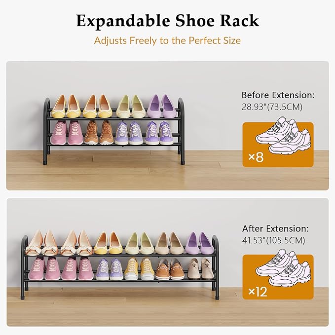 2 Tier Shoe Rack, Shoe Organizer for Closet, 28“ Metal Shelf Can Expandable to 42“, for Bedroom, Entryway, Closet, Garage, Adjustable to 12 Pairs Shoes, Black-NeatNest