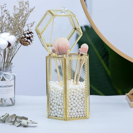 Glass Makeup Brush Holder with Lid Organizer Vintage Cosmetic Hexagonal Display Cases Brush Storage with Free White Pearls - Gold-NeatNest