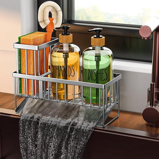 Cisily Kitchen Soap Dispenser Set with Pump, 16OZ Glass Bottle and Rustproof 304 Stainless Steel Sponge Holder, Hand and Dish Soap Dispenser Set for Kitchen Sink Organizer Decor-NeatNest