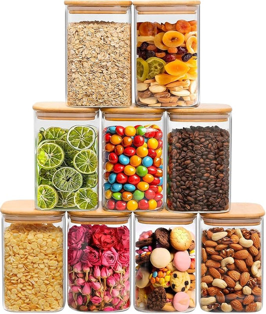 ComSaf 1.2 Qt Glass Storage Containers with Lids, Glass Jars with Lids, Clear Food Storage Jar, Square Canister Set of 9, Pantry Organizers and Storage for Cookie Flour Oat Pasta Tea Coffee Bean-NeatNest