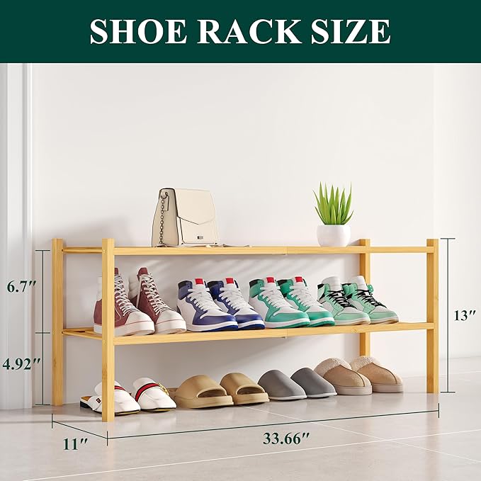 Smiry Shoe Rack, 2 Tier Long Bamboo Shoe Organizer, Stackable Free Standing Wooden Shoe Storage Shelf for Closet, Entryway, Front Door Entrance, Natural-NeatNest