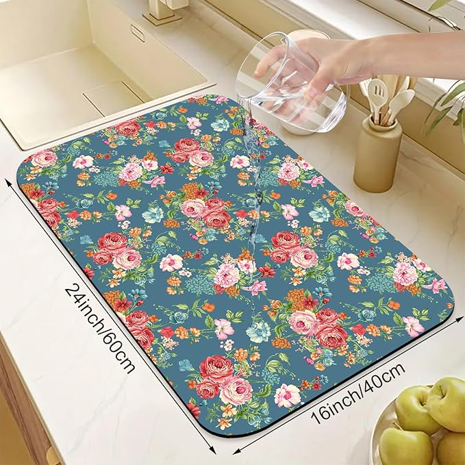 Boho Flowers Dish Drying Mats for Kitchen Counter Absorbent Fast Dry Dish Drainer Rack Mats for Dishes Utensils Pot and Pan, Kitchen Accessories 24"x16"-NeatNest