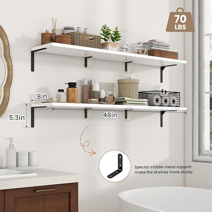 Fun Memories Deep Floating Shelves, 48W x 8D Floating Shelves Set of 2, Wall Mounted Shelf with Metal Brackets, Rustic Wood Wall Shelf for Bathroom, Kitchen and Living Room, White-NeatNest