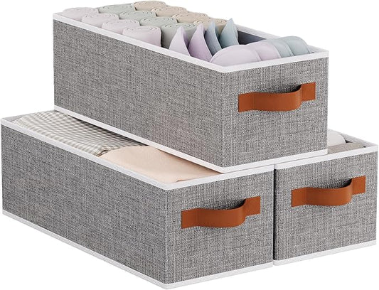 Fabric Storage Cubes 3-Pack, Foldable Open Clothes Boxes, 15 x 6 x 5 Inch Organizer Bins with Double Handles, Closet Basket Containers, Gray-NeatNest