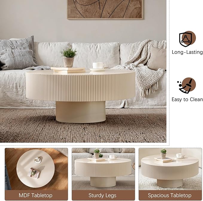 Fluted Coffee Tables 30.91" Round Wood Coffee Table Modern Handcraft Drum Coffee Table with Sturdy Pedestal Circle Luxury Center Tables for Living Room Home Office,White Thickened