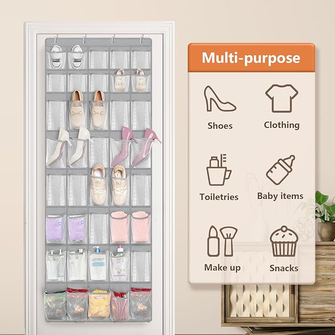 FENTEC 40 Large Pockets Over The Door Shoe Organizer, Mesh Hanging Shoe Organizer Shoe Rack for Closet Mesh Closet Shoe Holder, Over Door Organizer, Shoe Organizer for Wall, Grey, 1 Pack-NeatNest