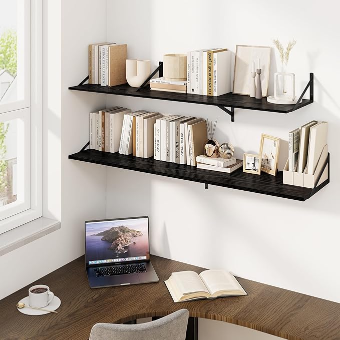 Fun Memories Floating Shelves for Wall, 12 Inch Deep Floating Shelves Set of 2, 36W x 12D Large Wall Shelf with Sturdy Metal Brackets for Living Room, Bathroom, Bedroom and Kitchen, Black-NeatNest