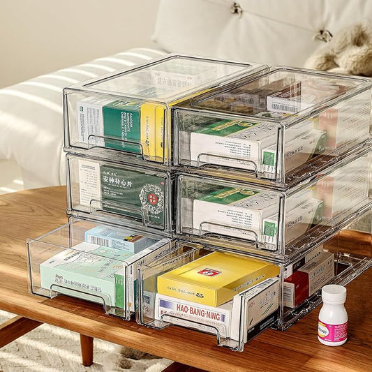 6 Pack Stackable Organizer Drawers, Clear Desk Storage Box,Transparent Drawer in Home, Office and Kitchen Pull Out Organizer Bins for Make Up, Jewelry, Pen, Desktop Stationary (6L drawer)-NeatNest