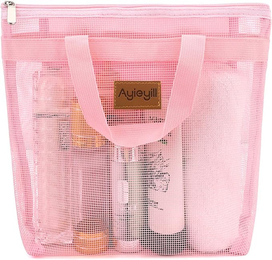 Shower Caddy Portable, Mesh Shower Caddy Tote Bag Quick Dry Hanging Toiletry and Bath Organizer for College Dorm, Gym, Beach, Travel or Camping with Zipper (A-Pink)-NeatNest