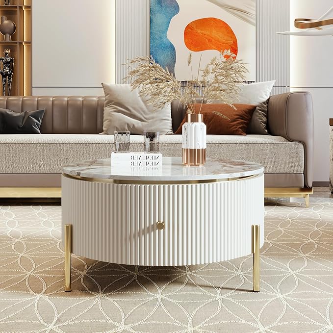 31.5'' Modern Round Coffee Table with 2 Large Drawers Storage Accent Table for Living Room(31.5'')
