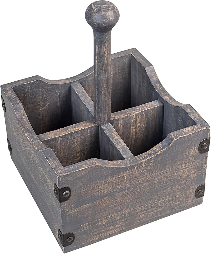 GoCraft Square Wooden Flatware & Silverware Caddy - 4 Divided Compartments, Grey Washed Mango Wood Utensil Holder with Detachable Handle Rod, Stylish Kitchen Storage Organizer for Home & Dining