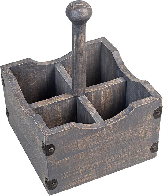 GoCraft Square Wooden Flatware & Silverware Caddy - 4 Divided Compartments, Grey Washed Mango Wood Utensil Holder with Detachable Handle Rod, Stylish Kitchen Storage Organizer for Home & Dining