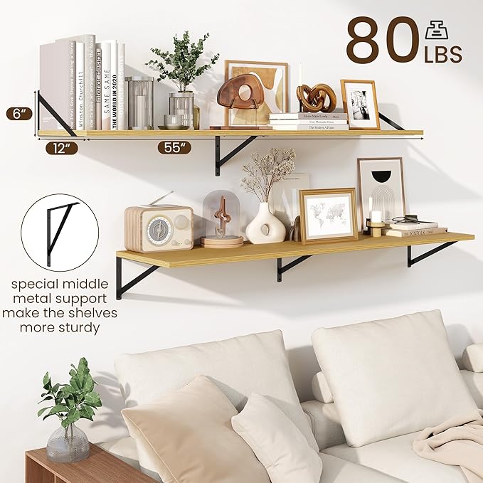Fun Memories Floating Shelves for Wall, 12 Inch Deep Floating Shelves Set of 2, 55W x 12D Large Wall Shelf with Sturdy Metal Brackets for Living Room, Bathroom, Bedroom and Kitchen, Oak-NeatNest