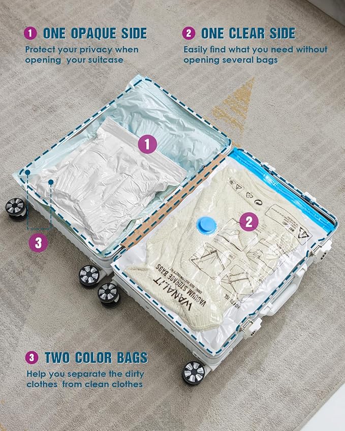 Vacuum Storage Bags for Travel, 24 Pack (6L+6M+6S+6XS) Vacuum Seal Bags with Wireless Rechargeable Electric Pump, Travel Essentials Space Saving Bag for Clothes, Luggage, Carry-on Suitcase, Backpack-NeatNest