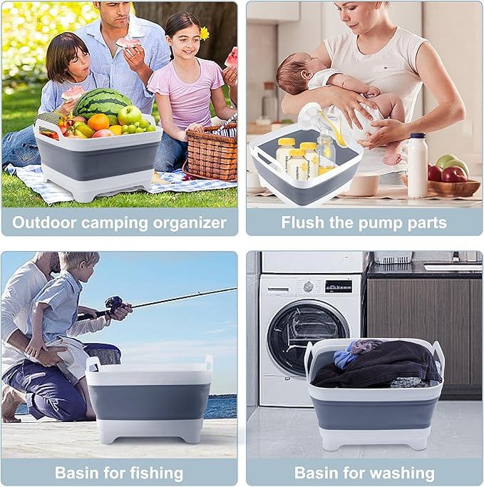 2.4 Gal(9L) Collapsible Dish Basin with Drain Plug, Space Saving Outdoor Multiuse Foldable Sink Tub, Dishpan, Kitchen Storage Tray for Camping, Vegetable Washing, RV (Gray)-NeatNest