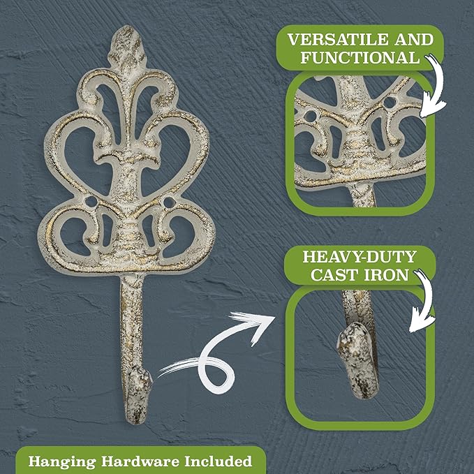 3 Pack Fleur De Lis Hooks – Vintage Cast Iron Wall Mount for Coats, Bags and Towels – Rustic French Country Decor, Heavy Duty & Easy to Install – 8”