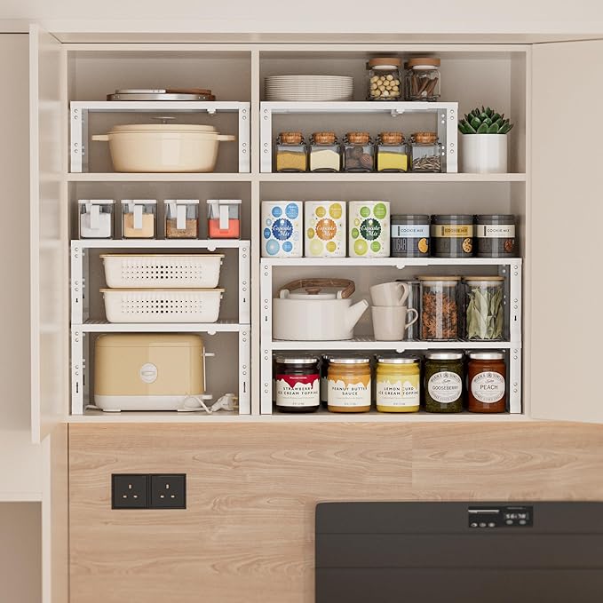 Heavy-Duty Adjustable Metal Shelf Organizer - Expandable & Stackable Pantry Storage Rack for Kitchen, Bathroom, RV, Cabinets(2 Packs/White, Medium)-NeatNest