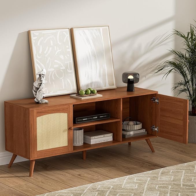 Brown Rattan TV Stand for 60 Inch TV, Wooden Mid Century Modern Entertainment Center with Natural Rattan Door, Boho Media TV Console for Living Room-NeatNest
