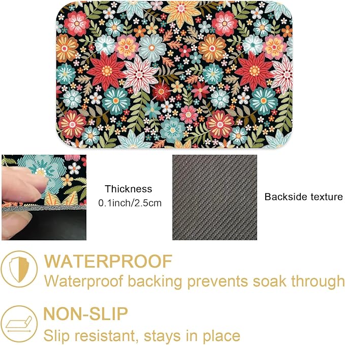 Colorful Embroidery Flowers Dish Drying Mats Super Absorbent Dish Drainer Rack Pad Non-Slip Drying Mat for Kitchen Counter, 20"x12"-NeatNest