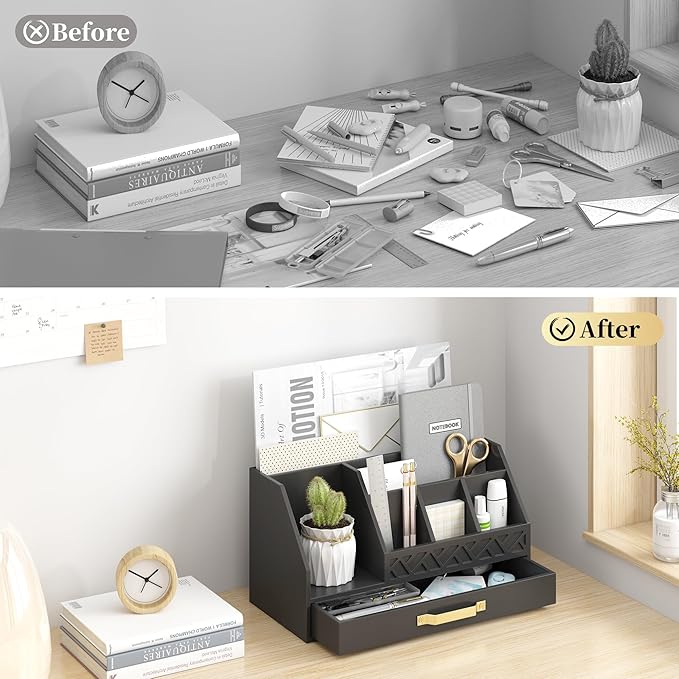 Bamboo Desk Organizer with Drawers, Mail Organizer Countertop Wood Desk Drawer Tabletop Storage Organization Pen Holder Letter Sorter Makeup Organizer for School Home Office (Black)-NeatNest