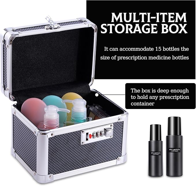 Small Medication Combination Lock Boxes with Code for Personal Items, Medicine Lockbox for Documents - 7.1 x 5.1 x 5.3 Inches Black