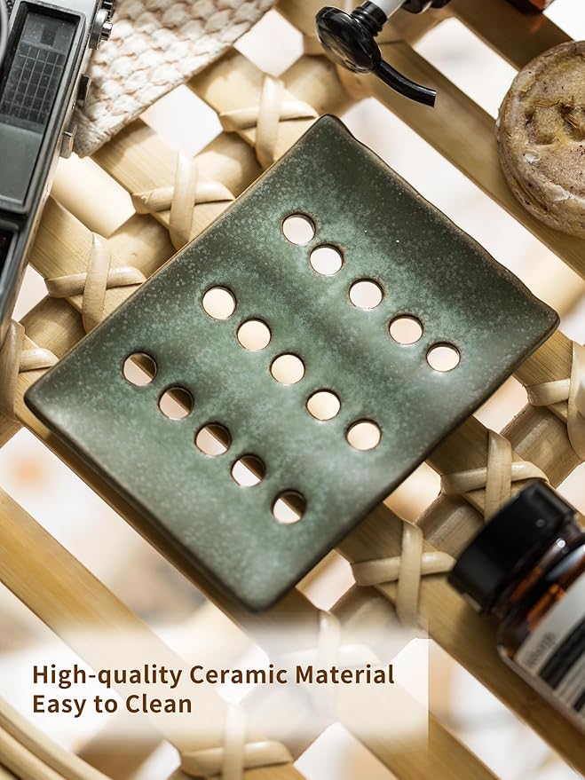 Ceramic Soap Dish with Self Drain for Shower, Bar Soap Holder to Lift and Keep Dry, Concave Design to Prevent Slipping, Suitable for Kitchen and Bathroom, Green-NeatNest