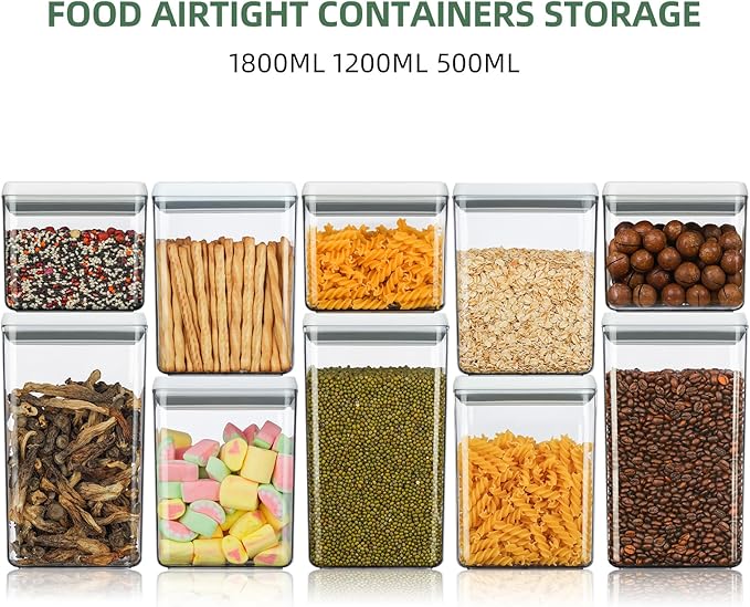 Food Airtight Containers storage with Lids 3 Pack (1800ml + 1200ml + 500ml) One Button Open/POP UP/Kitchen Storage Organization for Coffee Tea Brown Sugar Cereals