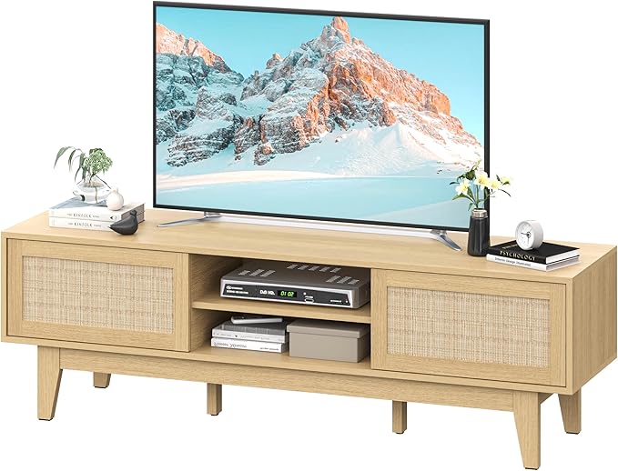 Boho TV Stand for 55 65 Inch TV, Rattan Entertainment Center with Shelves, Cabinets and Sliding Doors, TV Media Console Table with Solid Wood Feet & Cord Holes for Living Room, Bedroom, Natural-NeatNest