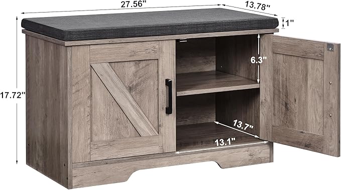 2-Tier Storage Bench, Shoe Bench with Padded Seat Cushion, Entryway Bench with 2 Barn Doors, Adjustable Shelf, 13.8" D x 27.6" W x 17.7" H, for Entryway, Living Room, Bedroom, Greige-NeatNest