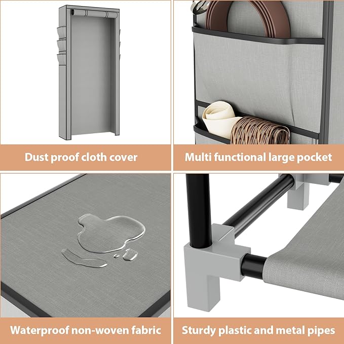 VTRIN Vertical Narrow Shoe Rack Organizer Tall Shoe Rack for Closet Entryway 10 Tier Non-Woven Cover Shoe Shelf Holds 36-41 Pairs Free Standing Shoe Storage Cabinet with Dustproof Cover, Grey-NeatNest