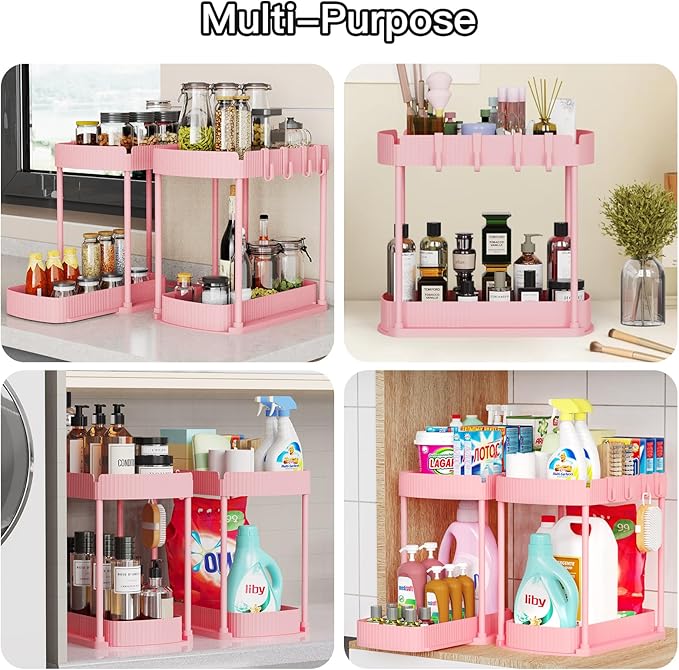2 Pack Multi-Purpose Pull-Out Storage Organizers, Under Sink & Cabinet Organizers, 12.8 Inch Pink-NeatNest