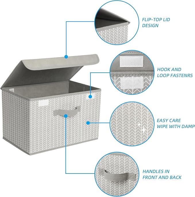 GRANNY SAYS Fabric Bins with Lids, Decorative Storage Containers with Lids, Stackable Storage Bins, Large Storage Boxes for Organizing Closet Shelves, Light Gray/White, 2-Pack-NeatNest