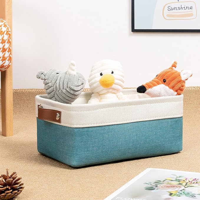 DULLEMELO Small Collapsible Fabric Basket for Organizing, Shelves, Closets, Laundry, Nursery, Decorative Gift Basket (White & Teal)-NeatNest