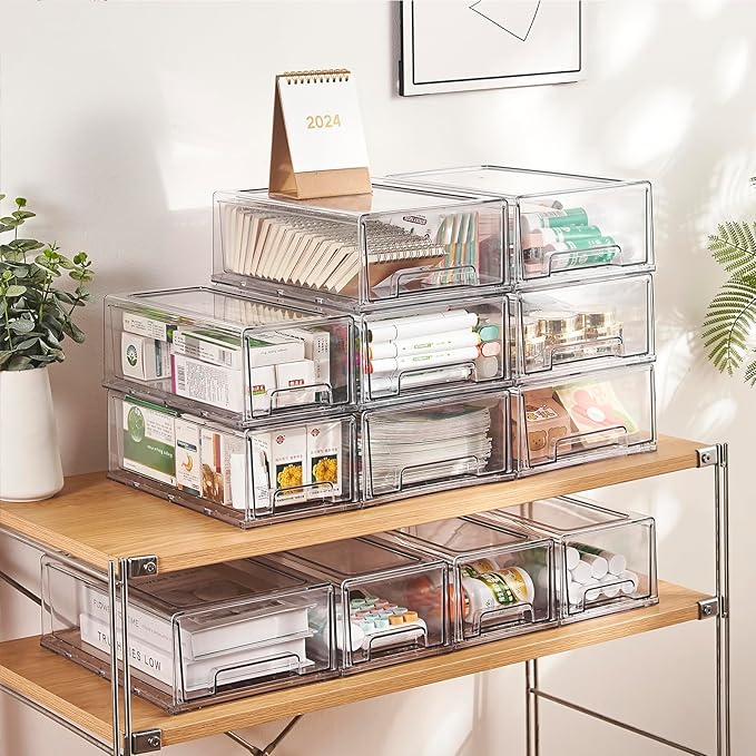 clear Drawer-Type Plastic Storage Box Bins Organizer，Family First Aid Kits Medicine cabinet Box Organizer,Closet ，Shelf，Ointments, Adhesive Bandages，Cosmetics,Office Items (clear, 2M)-NeatNest