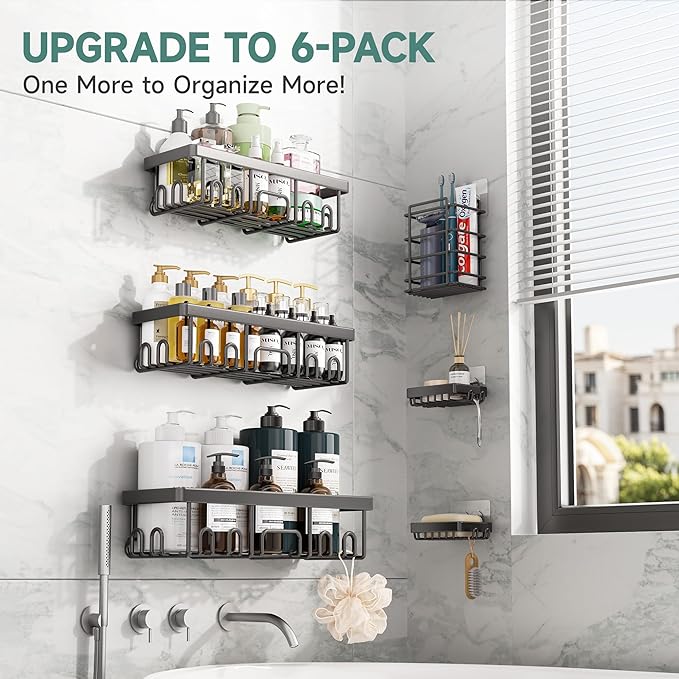 Veken Rustproof & Waterproof Shower Caddy 6-Pack, No Drilling Adhesive Shelves Rack with Soap Holder, Large Capacity Bathroom Organizers and Storage, Wall-Mounted Kitchen & Home Decor-NeatNest