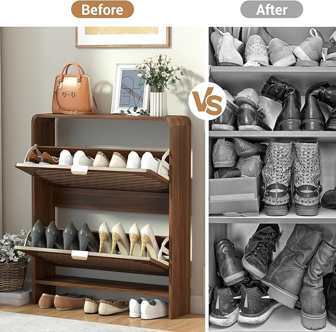 Narrow Shoe Storage Cabinet for Entryway with 2 Flip Drawers, Curved Edge Shoe Cabinet with Arched Stripe Panel, Freestanding Wood Shoe Organizer Closed Shoe Rack for Hallway, Foyer(Walnut)-NeatNest