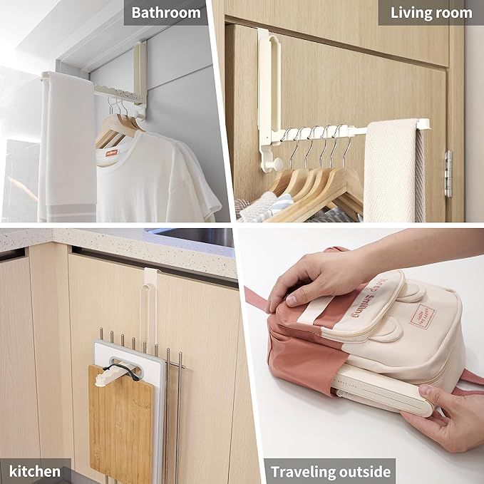 Over The Door Hooks Hanger Fit Door up to 1 3/4" Optimal 1pc,Over The Door Hanger with Retractable Rod,Foldable Over The Door Drying Rack for Laundry Bathroom Bedroom (Milky White, 1 Pack)