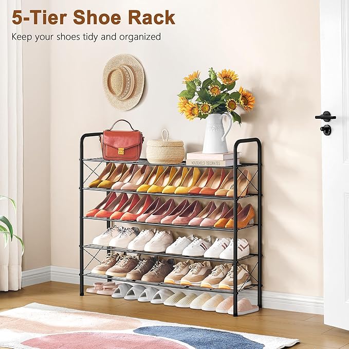 Hoctieon 5 Tier Mesh Style Shoe Rack, Entryway Shoe Shelf, Shoe Storage Organizer, Shoe Rack for Closet, Space Save for Bathroom, Garage, Hallway, Bedroom, Living Room, Black-NeatNest