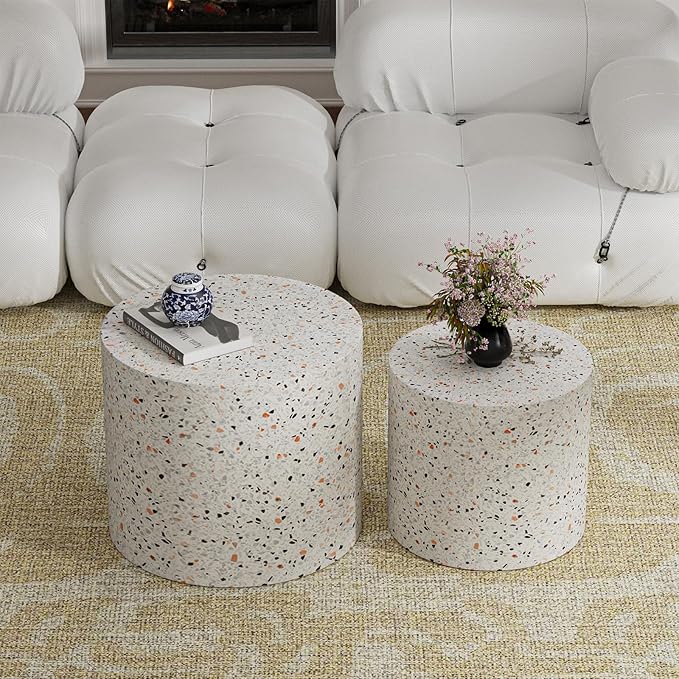 Round Wood Coffee Table Set of 2 Modern Circle Nesting Coffee Table Handcrafted Drum Nesting Table Nesting Coffee Tables for Living Room for Small Space (terrazzo (D18.2+D14.6 inch))