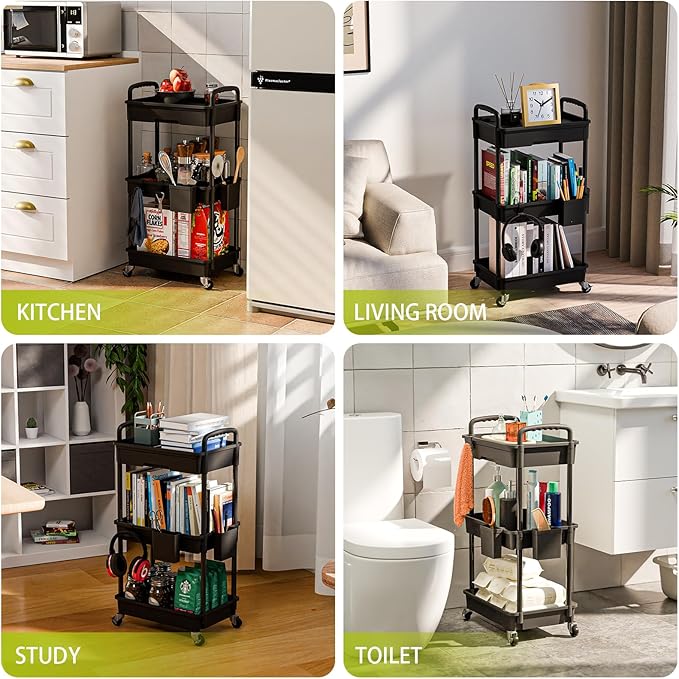 3 Tier Rolling Cart Organizer,Laundry Room Bathroom Organizers and Storage Office Shelves Mobile Shelving Unit Kitchen Trolley Cart with Wheels for Art,Craft,Diaper,Bedside,Snack(Black)-NeatNest