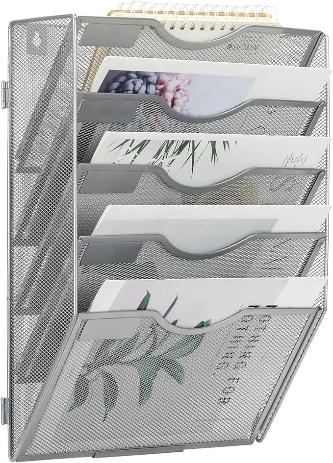 EasyPAG 5 Pocket Wall File Organizer, Silver | Metal Mesh Wall Mounted File Holder | Assembly Hanging Mail Organizer | Replaceable Classify Labels | Office Home Letter Size Paper Storage
