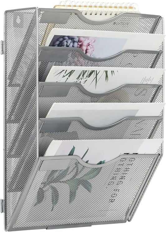 EasyPAG 5 Pocket Wall File Organizer, Silver | Metal Mesh Wall Mounted File Holder | Assembly Hanging Mail Organizer | Replaceable Classify Labels | Office Home Letter Size Paper Storage