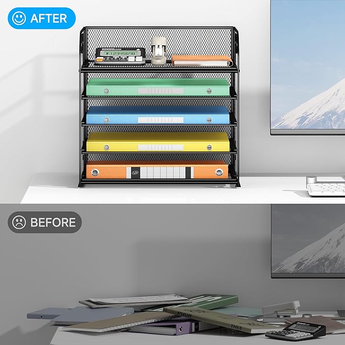 2 Pack 5-Tier Paper Organizer Letter Tray with Handle - Black Mesh Desk Paper Sorter File Organizer for Office, Home or School File Folder Holder