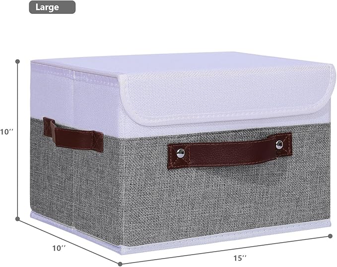 ANMINY 4PCS Storage Boxes with Lid Washable Decorative Storage Bins Basket with PU Leather Handle Foldable Linen Fabric Storage Cubes Containers for Home Closet Organizer - Gray White, Large Size-NeatNest