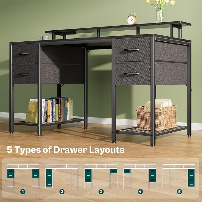 Huuger 55 inch Computer Desk with 4 Drawers, Gaming Desk with LED Lights & Power Outlets, Home Office Desk with Large Storage Space for Bedroom, Work from Home, Black-NeatNest